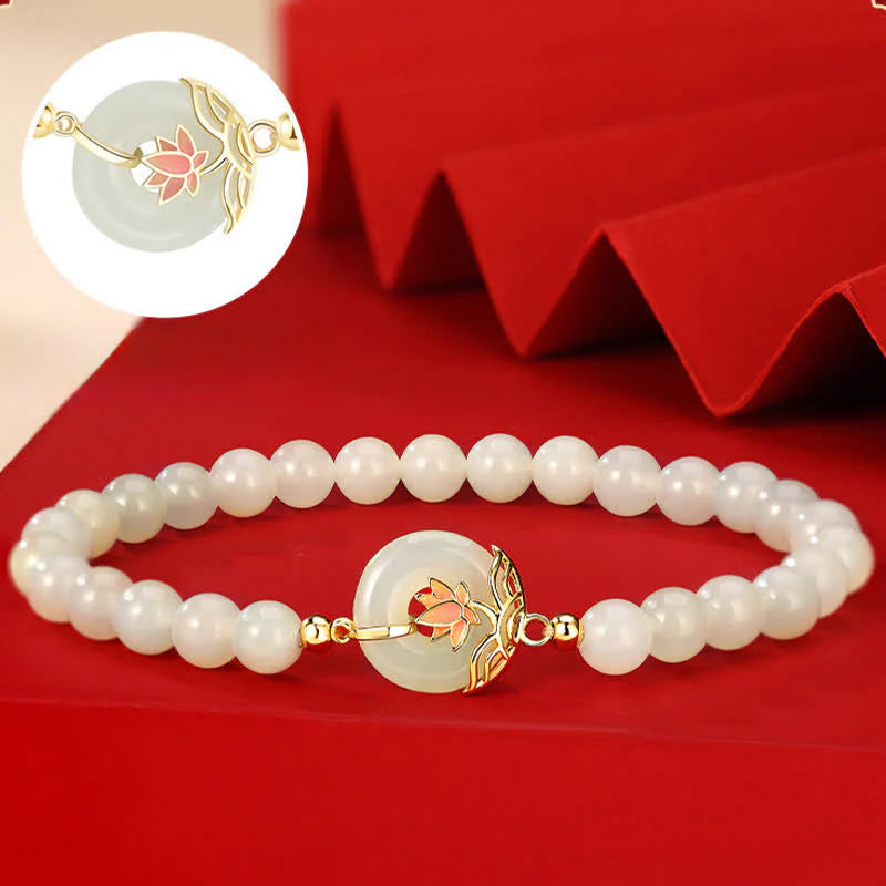 Buddha Stones 925 Sterling Silver Hetian White Jade Lotus Symbol Peace Buckle Harmony Beaded Bracelet