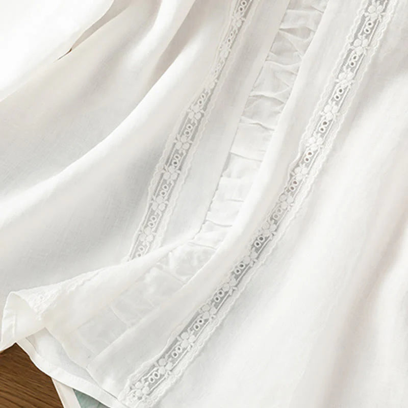 Buddha Stones Casual Pure Color Crew Neck Women's Cotton Linen Three Quarter Sleeve Shirt