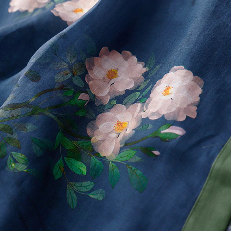 Buddha Stones Frog-Button Orchid Pomegranate Flowers Pattern Side Slit Design Half Sleeve Midi Dress