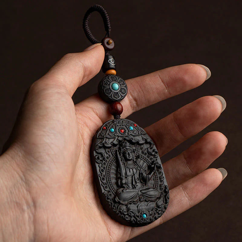 Buddha Stones Chinese Zodiac Natal Buddha Year of the Horse Om Mani Padme Hum Lotus Ebony Blessing Key Chain