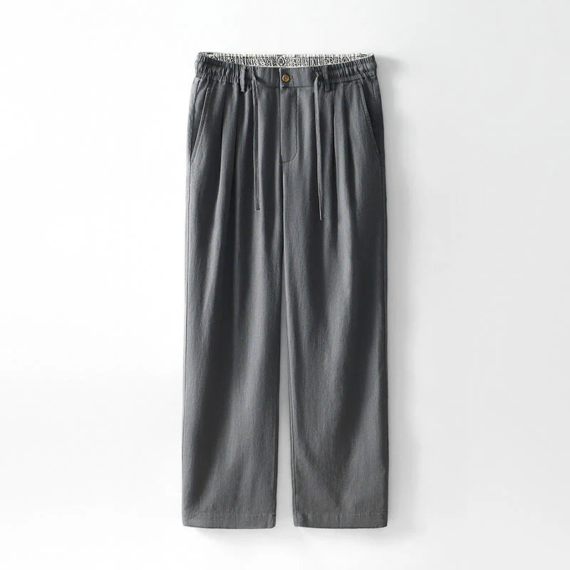 Buddha Stones Fall Solid Drawstring Zipper Men's Linen Wide Leg Pants With Pockets