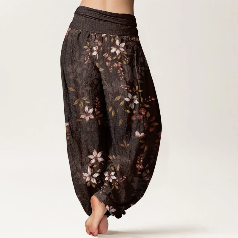 Buddha Stones Cotton Small White Blossoms Green Leaves Women's Elastic Waist Harem Pants