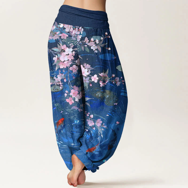 Buddha Stones Pure Cotton Sakura Blossoms Koi Fish Lotus Leaves Women's Elastic Waist Harem Pants