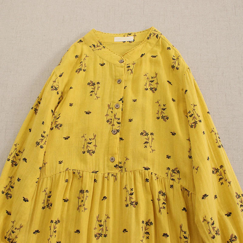 Buddha Stones Spring Small Floral Print Buttons Design Crew Neck Long Sleeve Midi Dress With Pockets