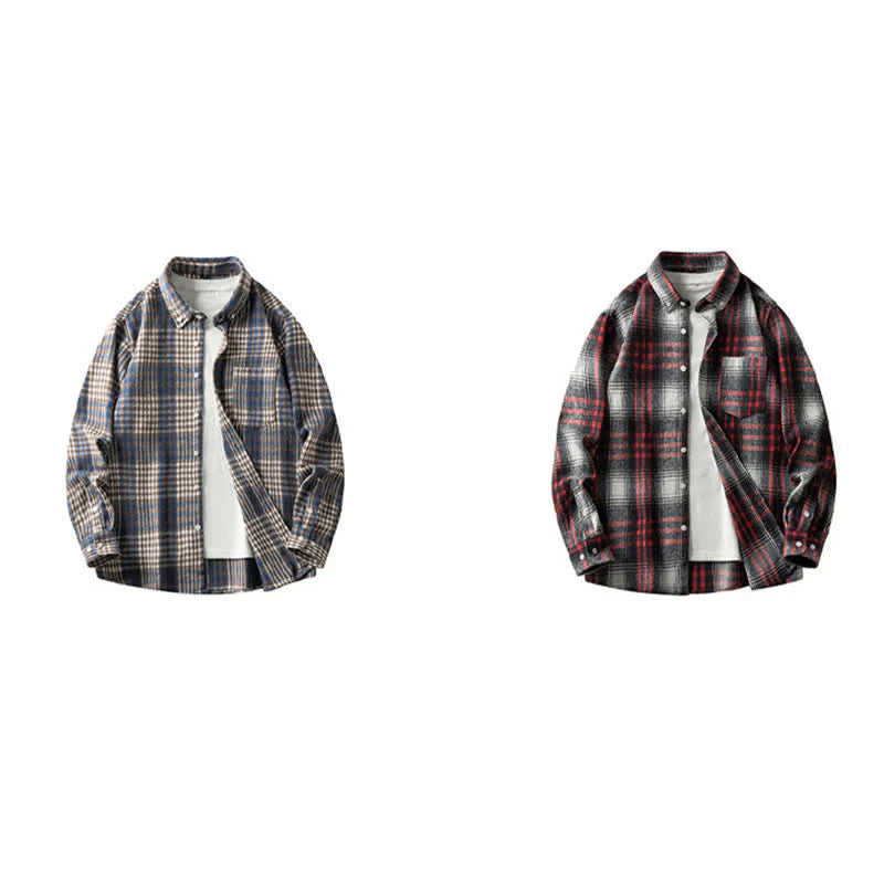 Buddha Stones Commute Multicolor Plaid Button Men's Cotton Long Sleeve Shirts With Pocket