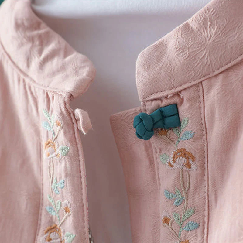 Buddha Stones Winter Frog-Button Embroidery Flowers Vines Open Front Cotton Long Sleeve Women's Thermal Jacket