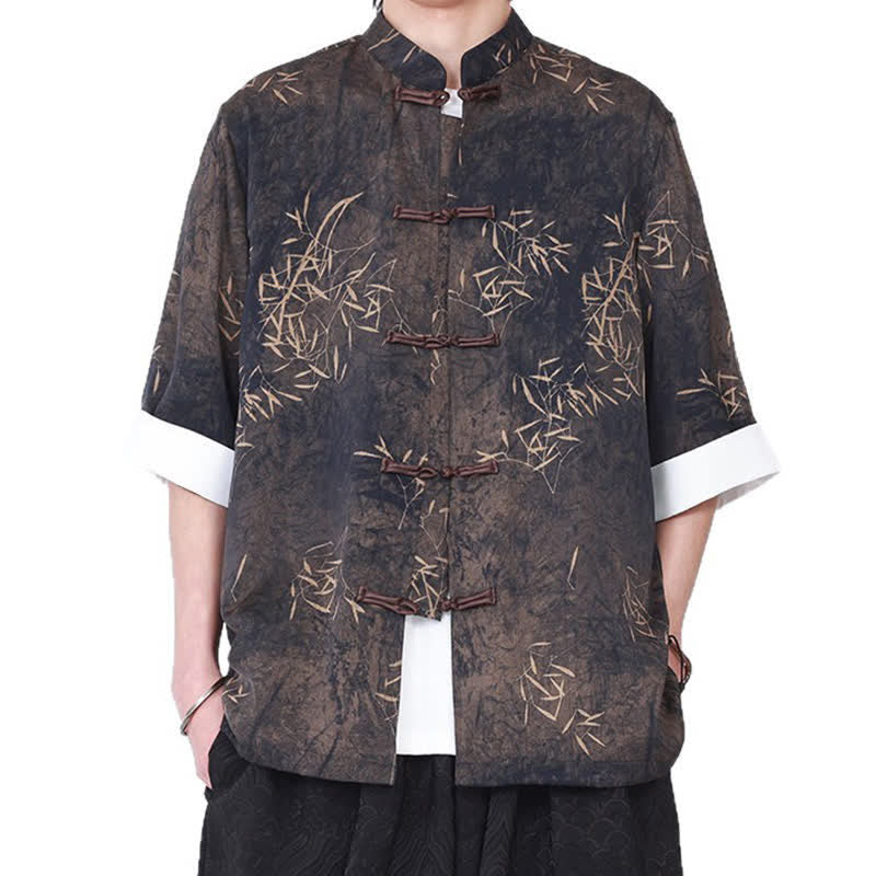 Buddha Stones Summer Bamboo Print Mandarin Collar Frog Buttons Men's Elbow-Length Sleeve Shirt