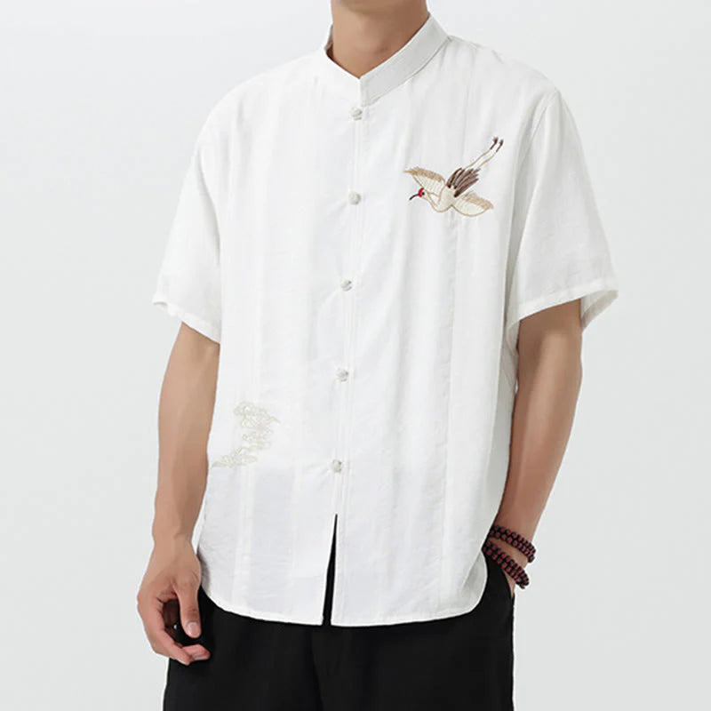 Buddha Stones Embroidery Buttons Half Sleeve Design Stand Collar Men's Cotton Shirt