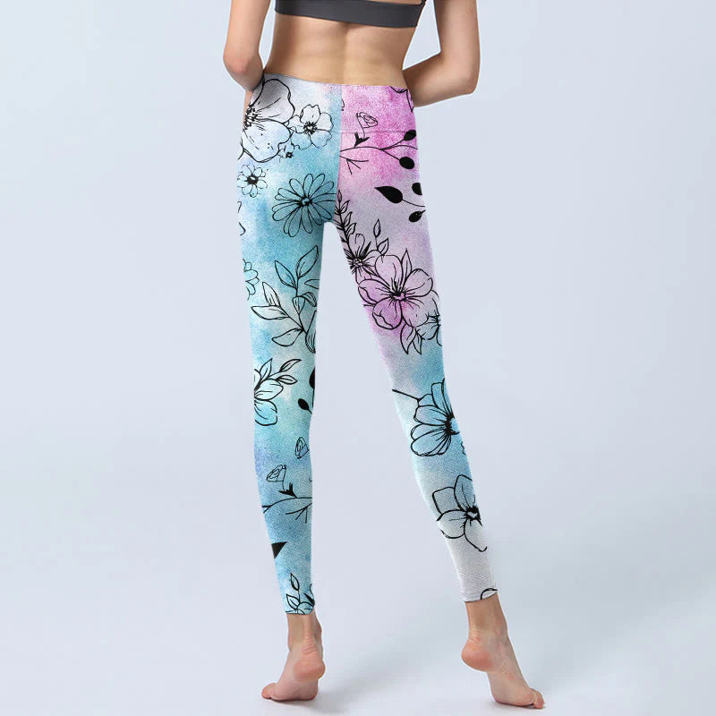 Buddha Stones Black Line-Drawn Flower Leaves Pattern Print Gym Leggings Women's Yoga Pants