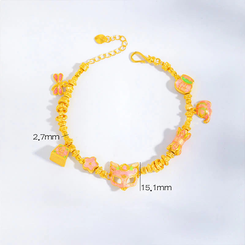 Buddha Stones 24k Gold Plated Brass Fox Fu Character Ruyi Charm Luck Bracelet