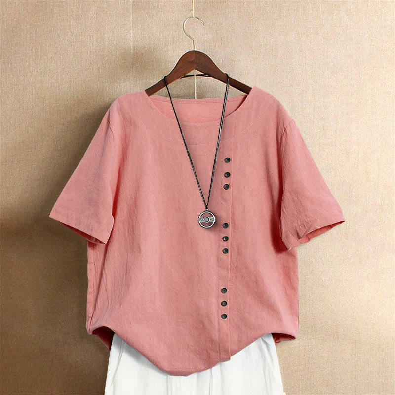 Buddha Stones Casual Summer Pure Color Jacquard Button Crew Neck Cotton Women's Short Sleeve T-Shirt