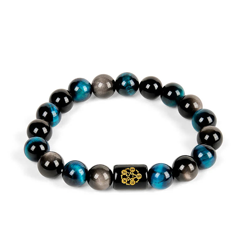 Buddha Stones Silver Sheen Obsidian Blue Tiger Eye Black Onyx Five Elements Protection Bracelet