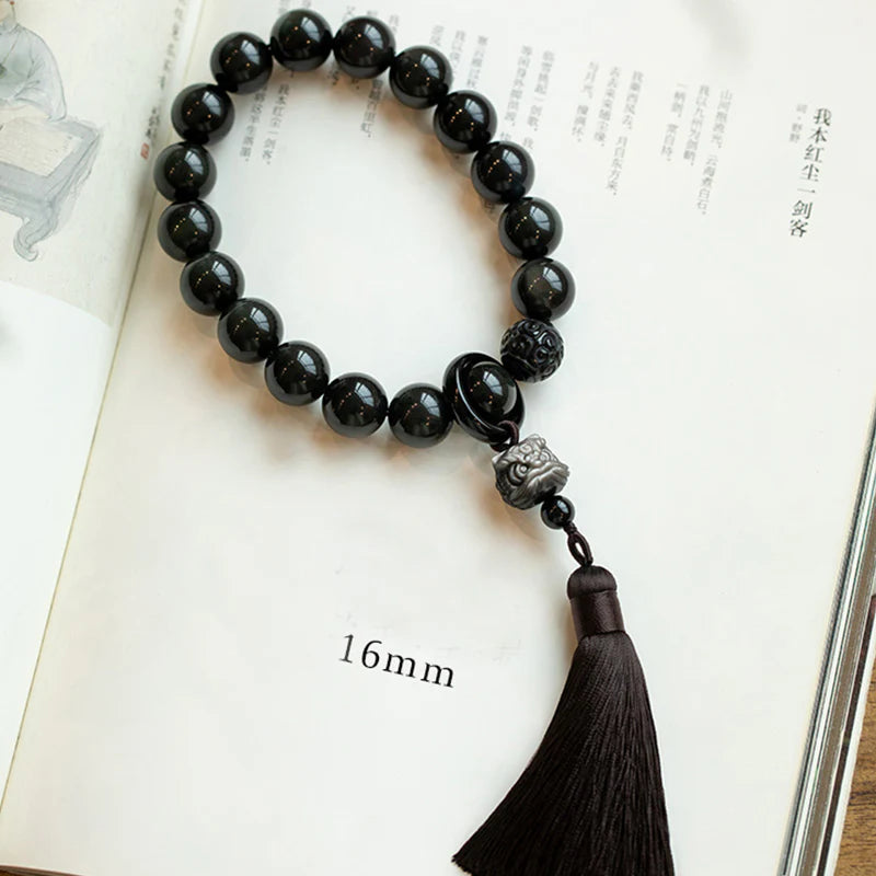 Buddha Stones Natural Silver Sheen Obsidian Black Obsidian Lion Wrist Mala Protection Tassels Pocket Mala Car Decoration