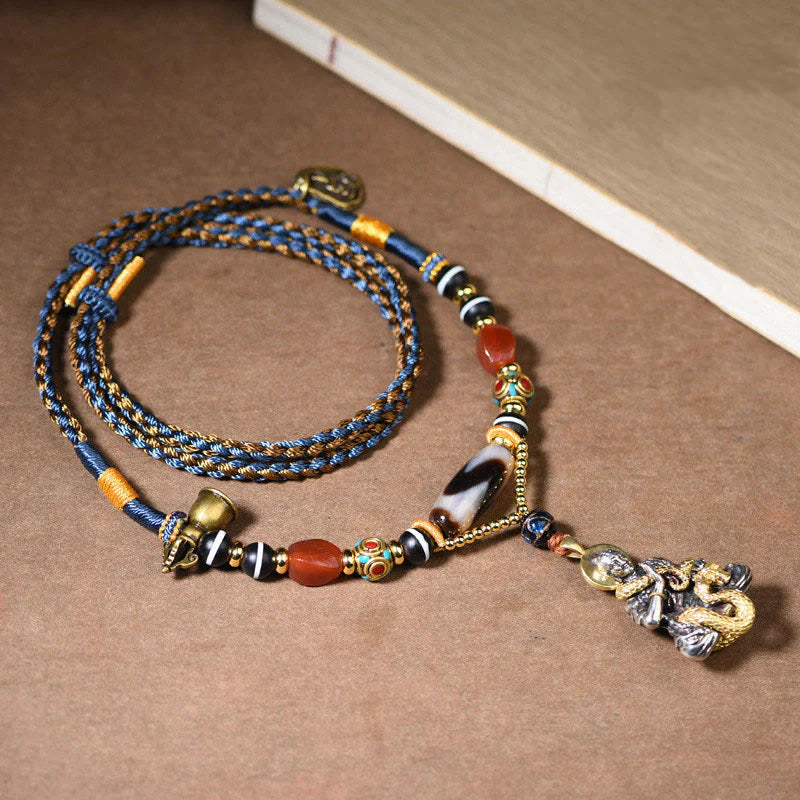 Buddha Stones Handmade Buddha Snake Skull Head Dzi Bead Serenity Rope Necklace Pendant (Extra 35% Off | USE CODE: FS35)