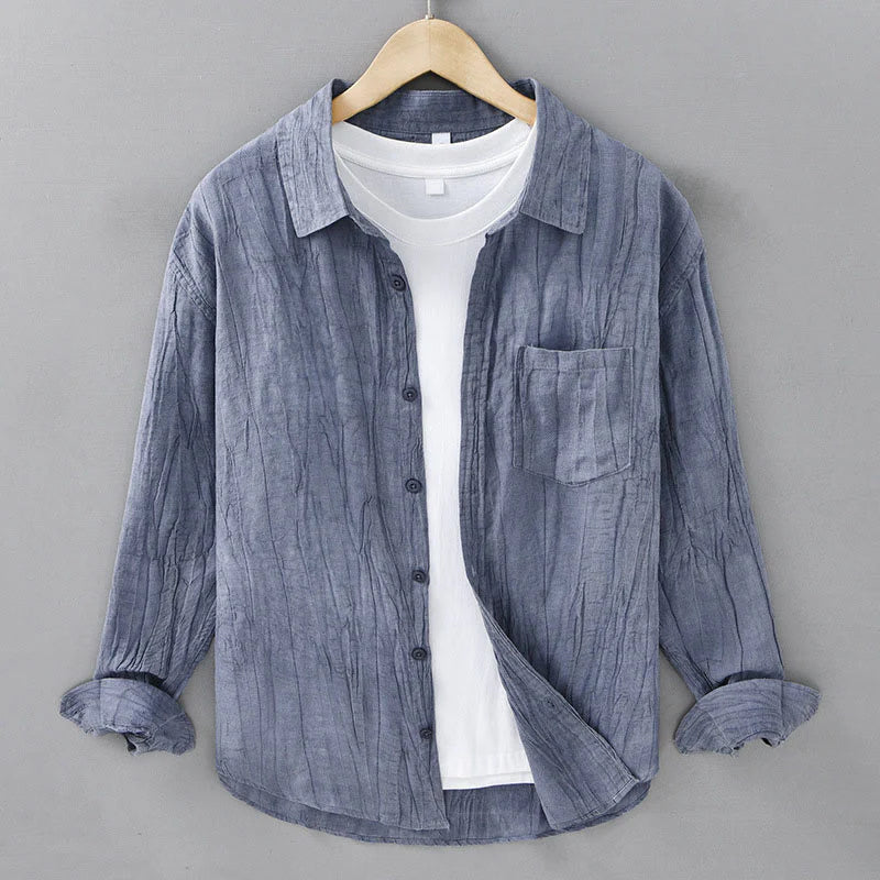 Buddha Stones Solid Long Sleeve Stand Collar Wrinkles Button Down Ramie Linen Men's Shirts