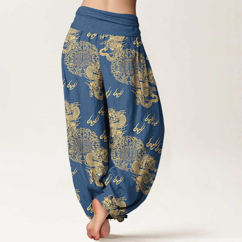 Buddha Stones Pure Cotton Double Dragon Cloud Pattern Women's Elastic Waist Harem Pants