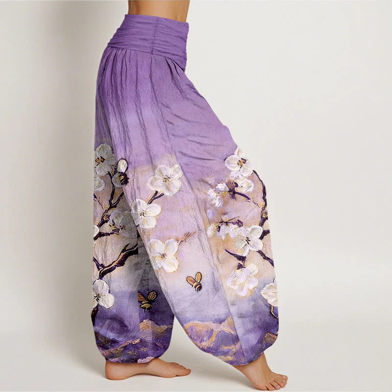 Buddha Stones Cotton Colourful Flower Butterfly Bee Pattern Women's Elastic Waist Harem Pants