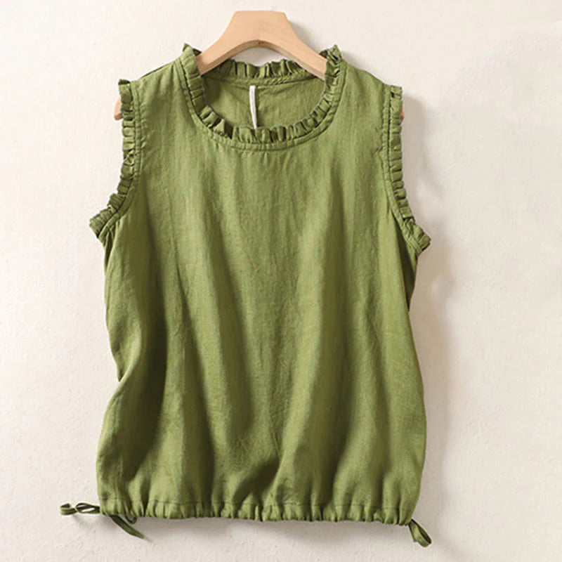 Buddha Stones Summer Ruffled Design Drawstring Crew Neck Cotton Linen Women's Sleeveless Vest
