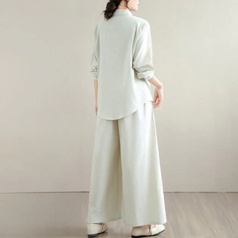 Buddha Stones 2Pcs Fall Solid Color Cotton Buttons Down Long Sleeve Shirt Ankle-Length Wide Leg Pants Women's Set With Pockets