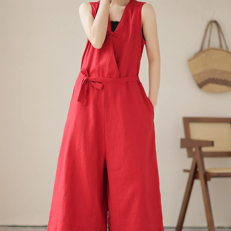 Buddha Stones Casual Lace-Up Simple Sleeveless Design Women's Cotton Linen Jumpsuit With Pockets