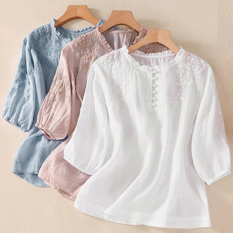 Buddha Stones Casual Plain Button Floral Embroidered Design Puff Half Sleeve Women's Shirt