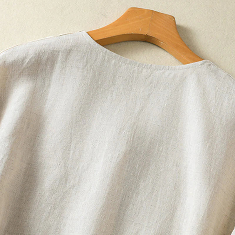 Buddha Stones Spring Plain Buttons Design V-Neck Long Sleeve Women's Cotton Linen Shirt