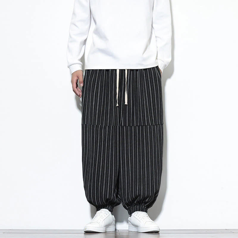 Buddha Stones Fall Striped Pattern Drawstring Men's Harem Corduroy Pants With Pockets