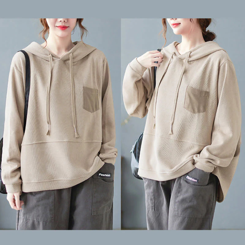 Buddha Stones Fall Solid Color Decorative Pocket Cotton Long Sleeve Women's Hoodie