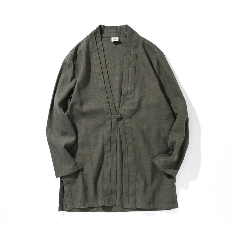 Buddha Stones Plain Simple Design Open Front Cotton Linen Men's Long Sleeve Jacket Kimono