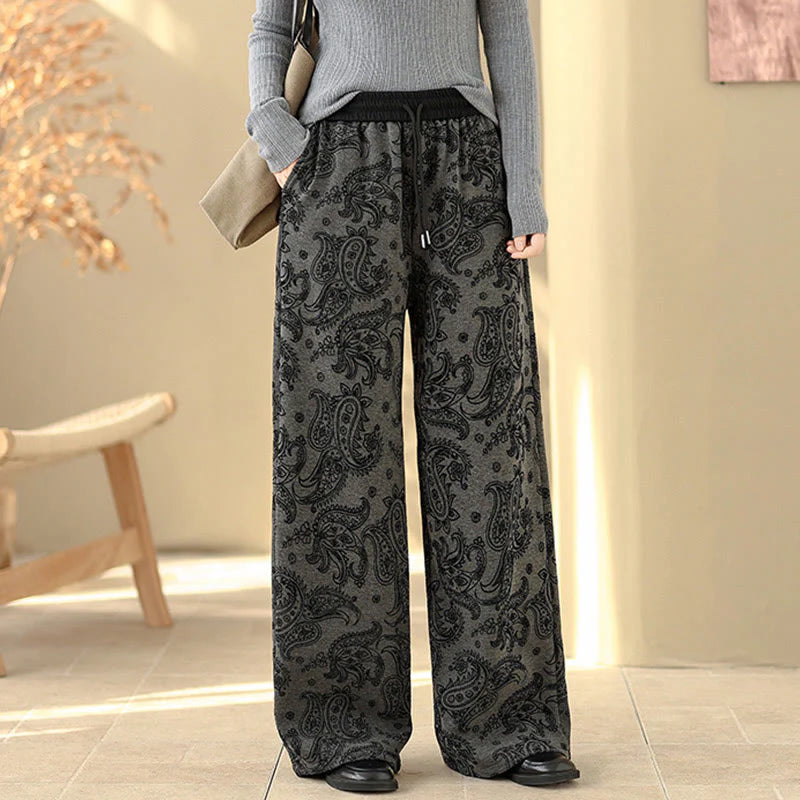 Buddha Stones Jacquard Paisley Pattern Women's Wide Leg Thermal Fleece-Lined Cotton Pants With Pockets