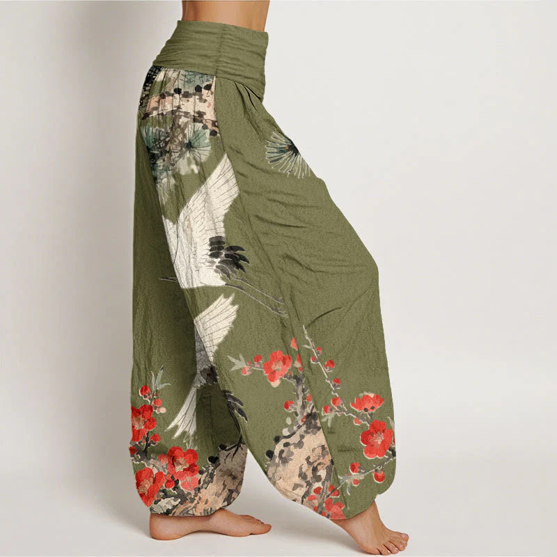 Buddha Stones Print Cranes Plum Blossoms Pattern Women's Elastic Waist Harem Cotton Pants