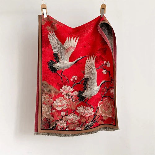 Buddha Stones Fall Crane Lotus Plum Blossom Pattern Tassels Cozy Soft Scarf Shawl