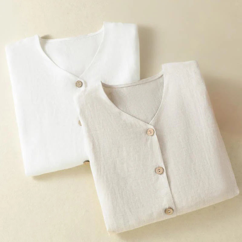 Buddha Stones Spring Plain Buttons Design V-Neck Long Sleeve Women's Cotton Linen Shirt