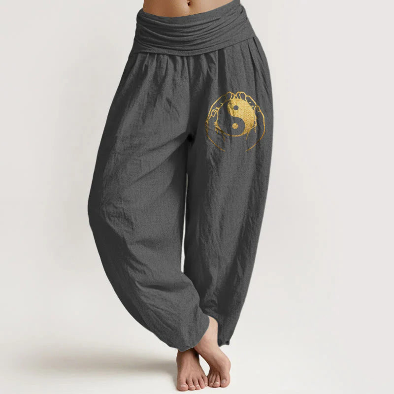 Buddha Stones Yin Yang Hand Pattern Women's Elastic Waist Harem Cotton Pants