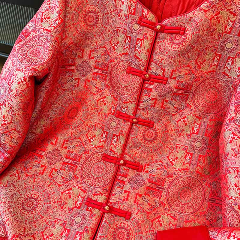 Buddha Stones Women's Jacquard Symmetric Floral Pattern Long Sleeve Jacket With Pockets