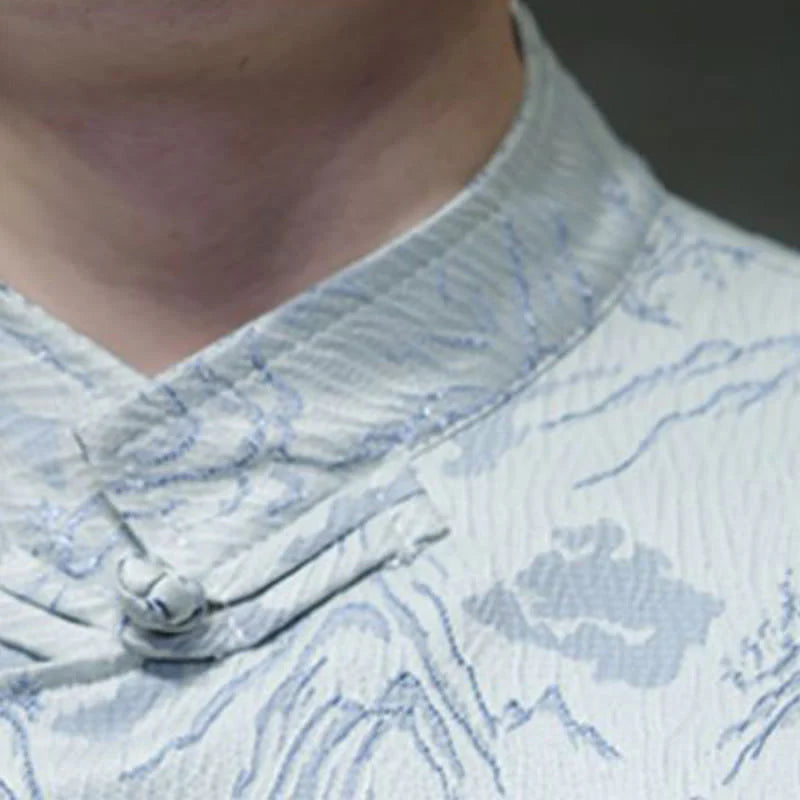 Buddha Stones Summer Mountain Pattern Jacquard Chinese Frog-Button Cotton Short Sleeve Men's Shirt