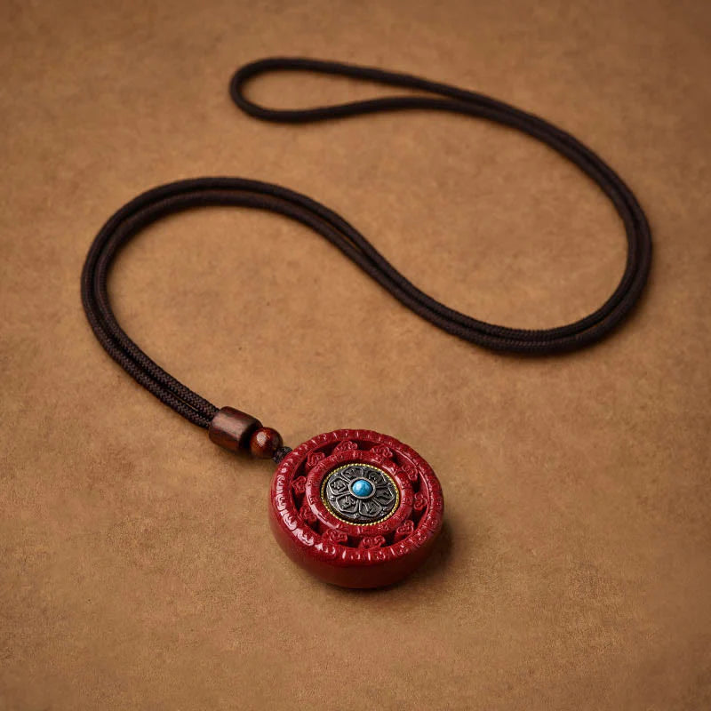 Buddha Stones Cinnabar Om Mani Padme Hum Blessing Rotatable Necklace Pendant Key Chain