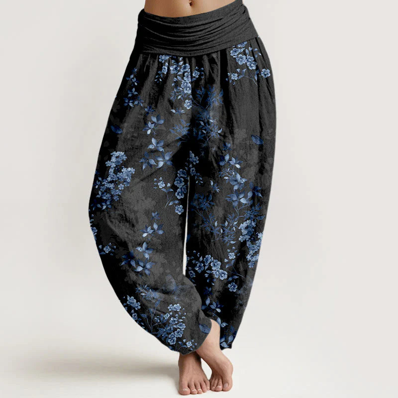 Buddha Stones Cotton Hazy Flower Leaf Pattern Women's Elastic Waist Harem Pants