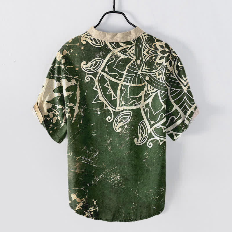 Buddha Stones Cotton Lotus Mandala Emblem Men's Short Sleeve Half Button Shirt