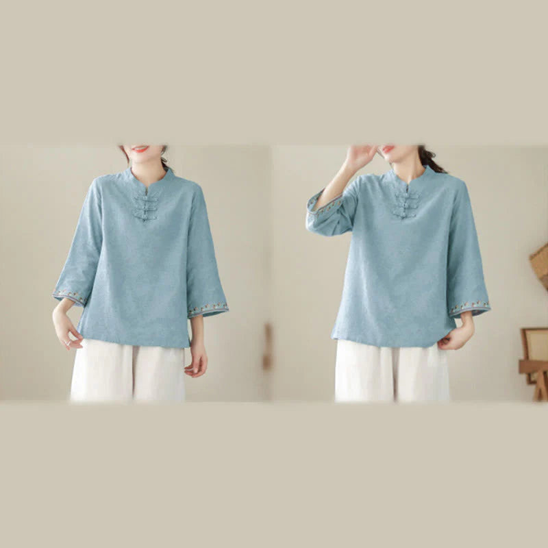Buddha Stones Jacquard Frog-button Stand Collar Embroidered Three Quarter Sleeve Design Women's Cotton Shirt
