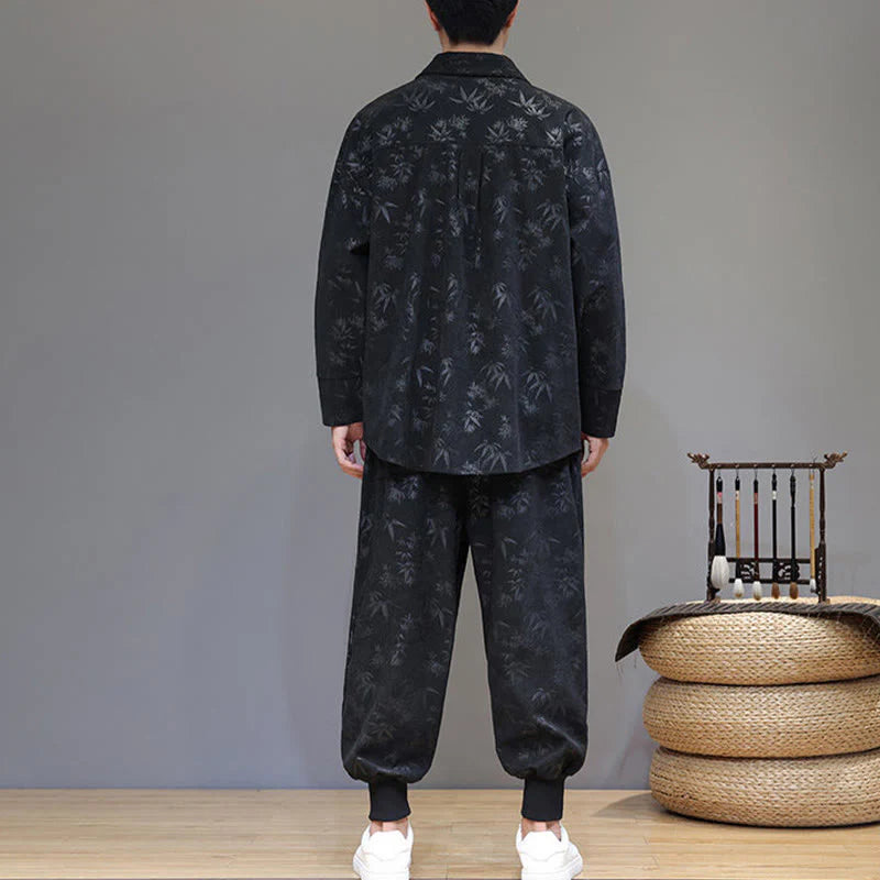 Buddha Stones 2Pcs Winter Thick Bamboo Men's Tang Suit Frog-Button Cotton Corduroy Long Sleeve Jacket Pants Set With Pockets