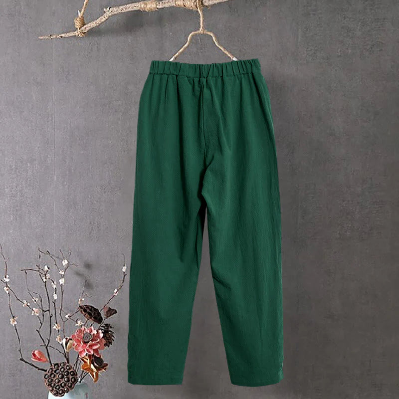 Buddha Stones Casual Pure Color Hollow Button Cuff Design Women's Cotton Linen Pants With Pockets