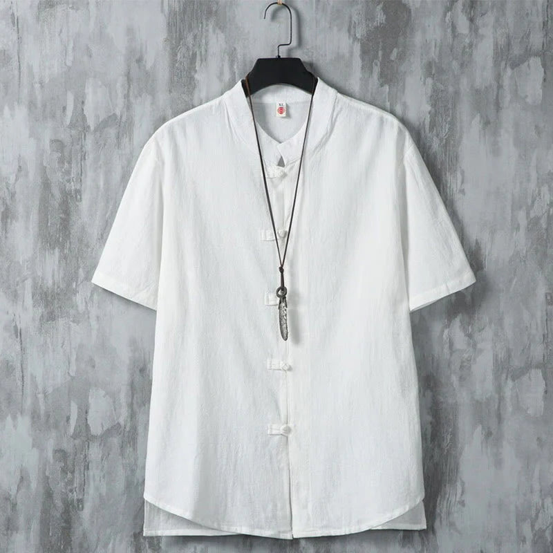 Buddha Stones Daily Casual Plain Chinese Frog-Button Men's Short Sleeve Cotton Linen Shirt