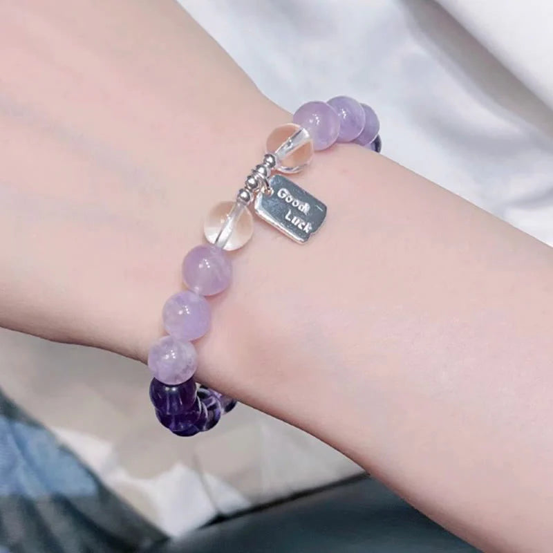 Buddha Stones Amethyst Rose Quartz Strawberry Quartz Good Luck Charm Bracelet
