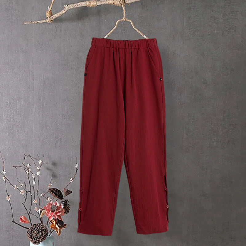 Buddha Stones Casual Pure Color Hollow Button Cuff Design Women's Cotton Linen Pants With Pockets
