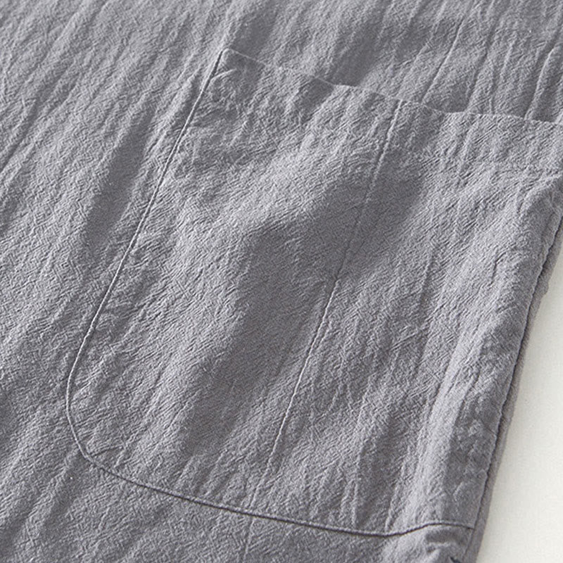 Buddha Stones Vintage Plain Simple Design Men's Short Sleeve Cotton Linen Shirt Clothing With Pockets