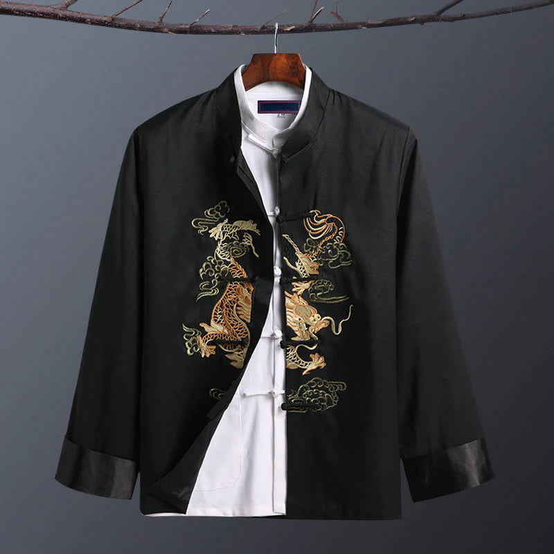 Buddha Stones Spring Fall Dragon Embroidery Frog-Button Long Sleeve Men's Jacket