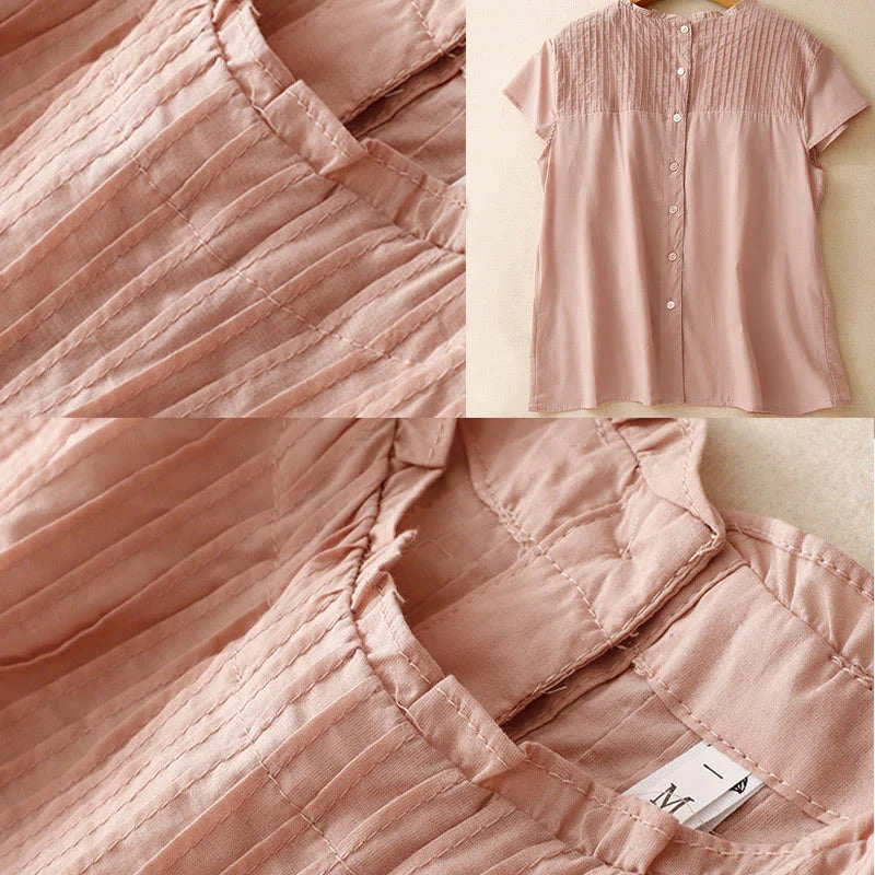 Buddha Stones Summer Pure Color Ruffled Pleated Design Women's Cotton Short Sleeve Shirt