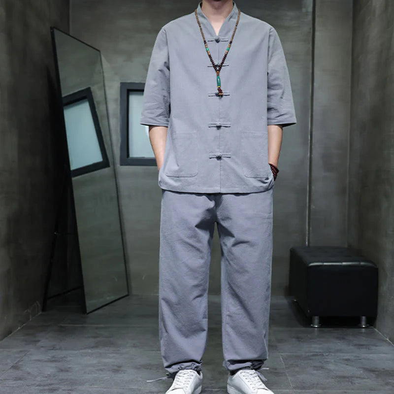 Buddha Stones 2Pcs Tang Suit Frog-Button Design Shirt Pants With Pockets Men's Cotton Linen Meditation Cloth Set