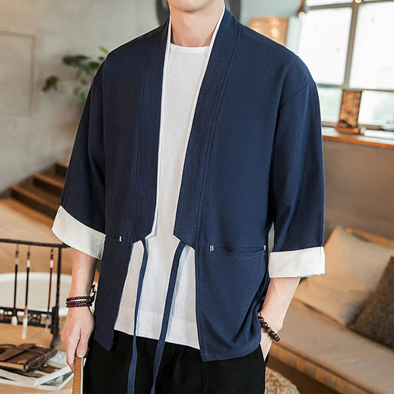 Buddha Stones Lace-Up Design Jacket Cotton Linen Men's Three Quarter Sleeve Kimono With Pockets